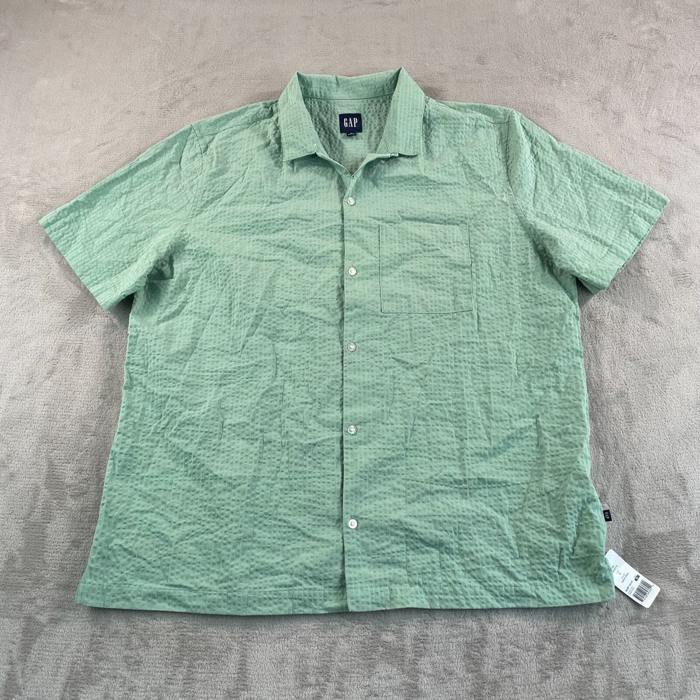 GAP Seersucker Camp Shirt Men XL Granite Green Short Sleeve Loop Collar NWT $50